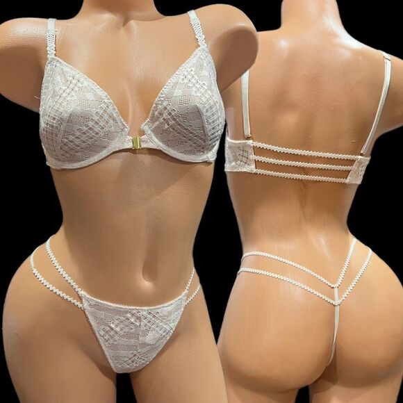 Victorias Secret set Very Sexy Unlined Demi Lace bra & V String Blush 34C / S - Picture 1 of 3